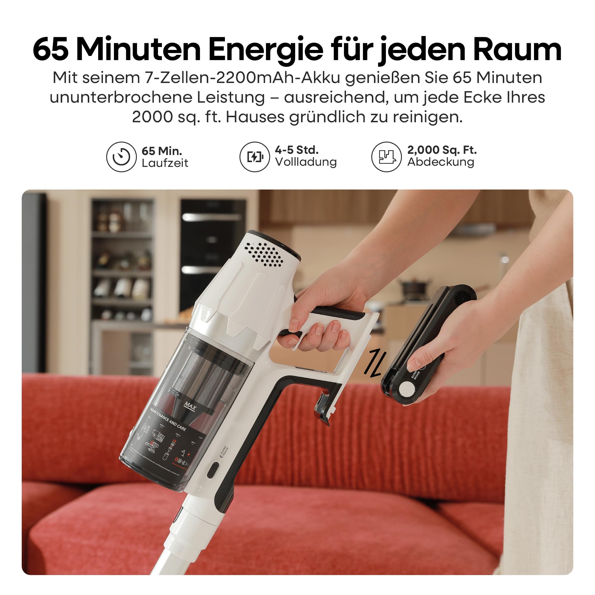 ElecKeys Akku Staubsauger 48000Pa/580W/65Min, Staubsauger Kabellos mit LED Display, Anti-Tangle-Bürste, Selbststehend, 7-Schicht-Filtration, Akkustaubsauger für Hartböden Teppiche Tierhaare, Weiß