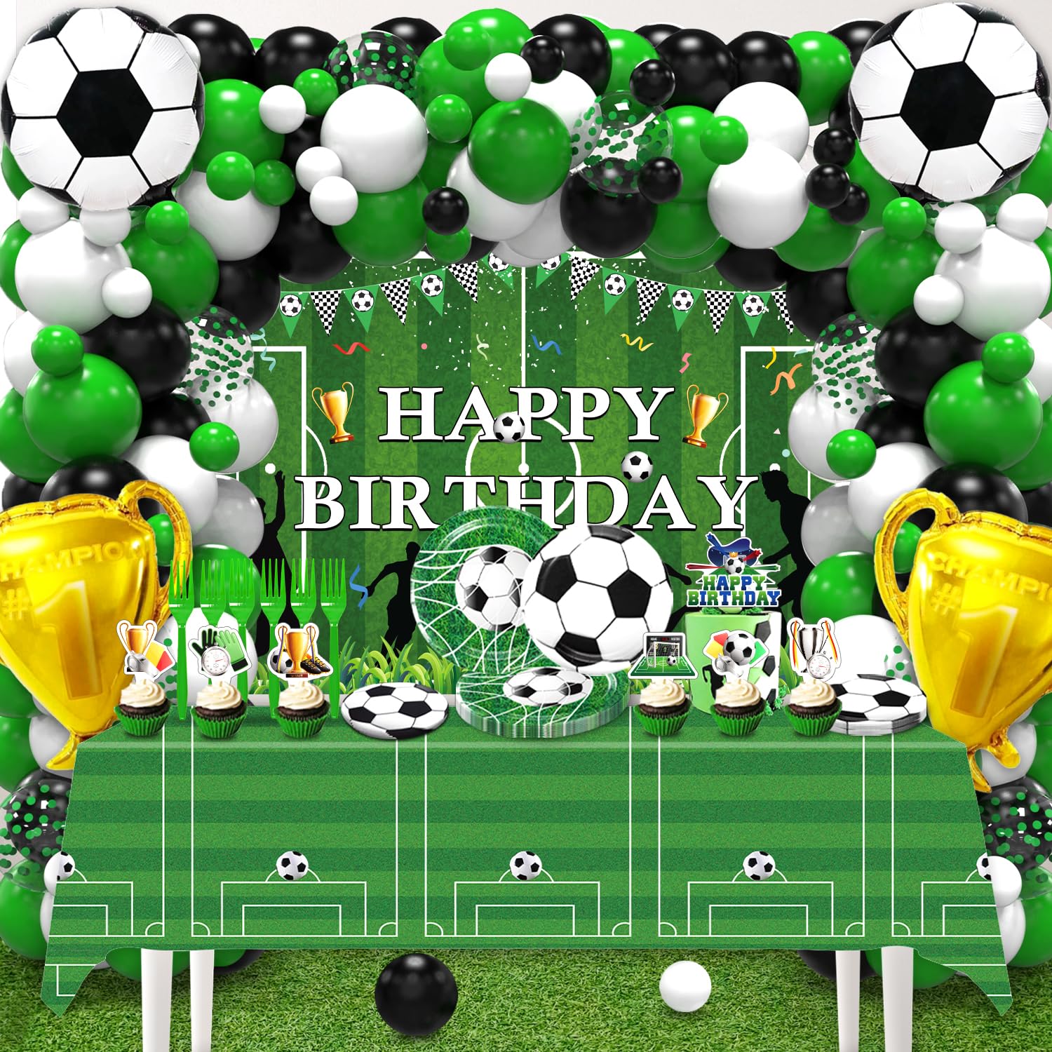 Photo 1 of Soccer Birthday Party Decorations?Soccer Party Decorations?Soccer Decorations For Party?Include Balloon arch,Backdrop, Cake Toppers?Tableware, Tablecloth