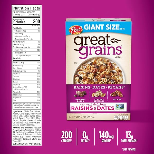 GREAT GRAINS RAISINS DATES & PECANS BREAKFAST CEREAL, CRUNCHY CLUSTERS WITH SWEET FRUIT AND WHOLE GRAINS, NON-GMO, 25 OZ BOX