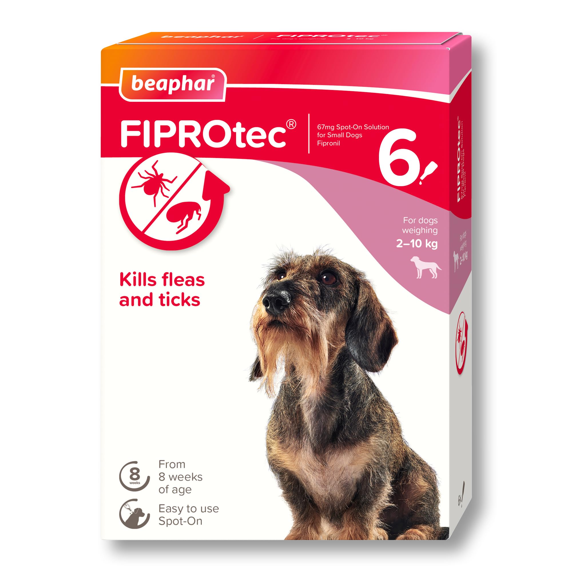 Beaphar - FIPROtec Spot-On Flea & Tick Treatment for Small Dogs 2-10kg - 6 Pipettes - Kills Fleas & Ticks – Veterinary Medicine - Easy to Apply Monthly - Suitable for Dogs & Puppies from 8 Weeks
