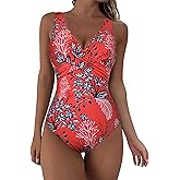 Hilor Women's Underwire Swimsuits Tummy Control One Piece Bathing Suit Twist V Neck Slimming Swimwear