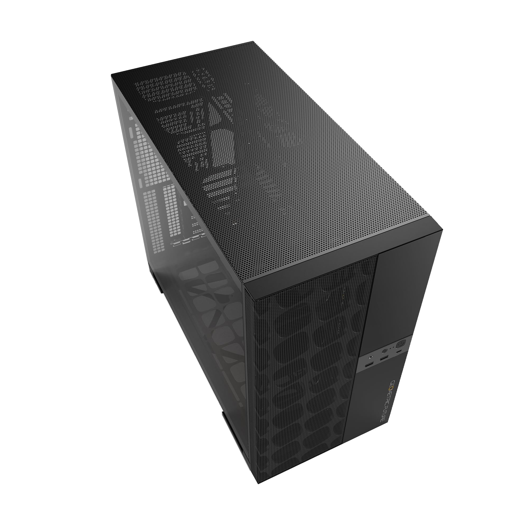M5 Vent Mesh Panel Tempered Glass Mid Tower, E-ATX/ATX Gaming Case, High Airflow, 1.2mm Steel, Type C, Support 420/360 Radiator, ARGB PWM 140m fan x 5 Pre-Installed, Black, GEO-M5VF-B