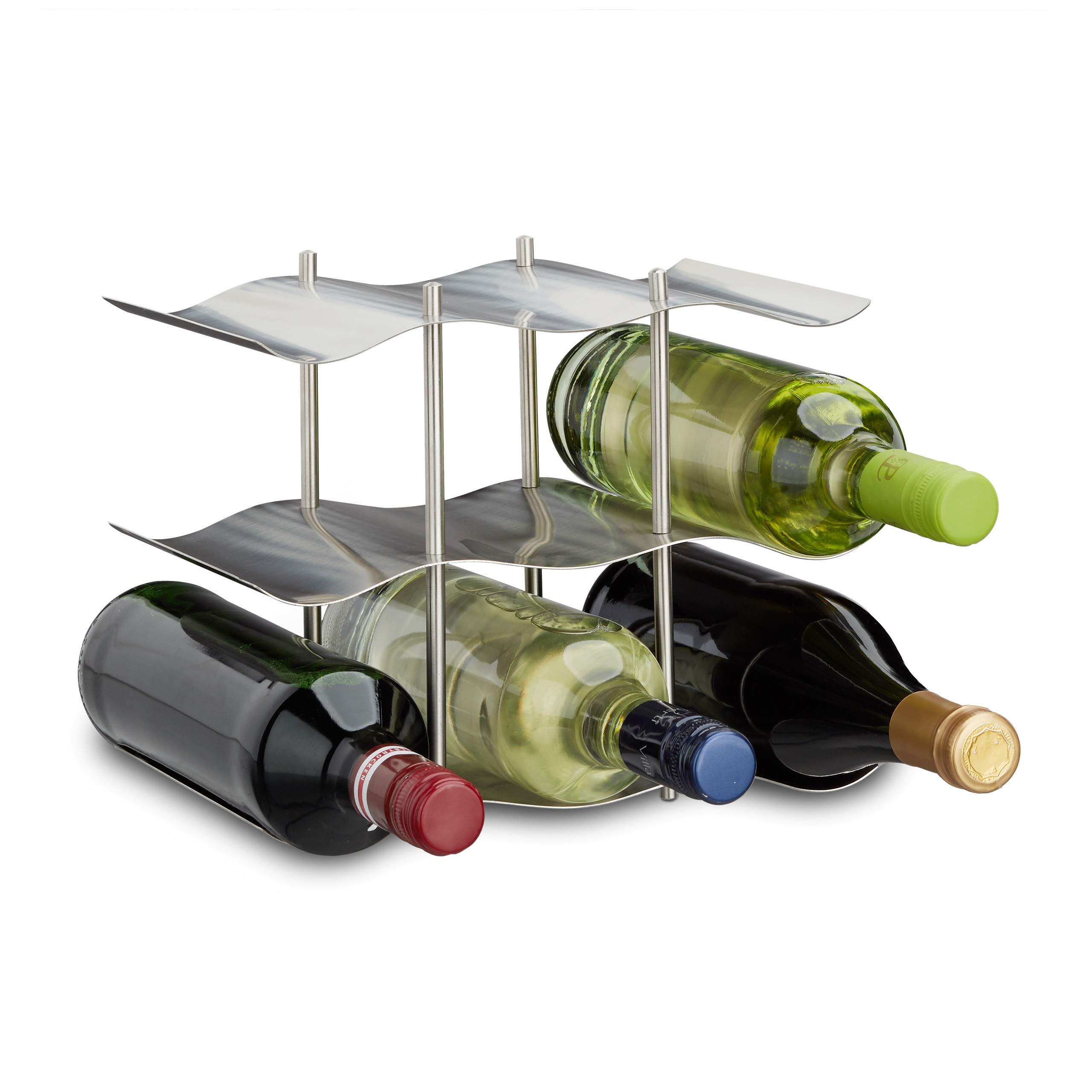 Relaxdays Stainless Steel Wine Rack for 9 Bottles, Modern Metal Design, Standing Bottle Holder, HxWxD: 22 x 27 x 16.5 cm, Silver