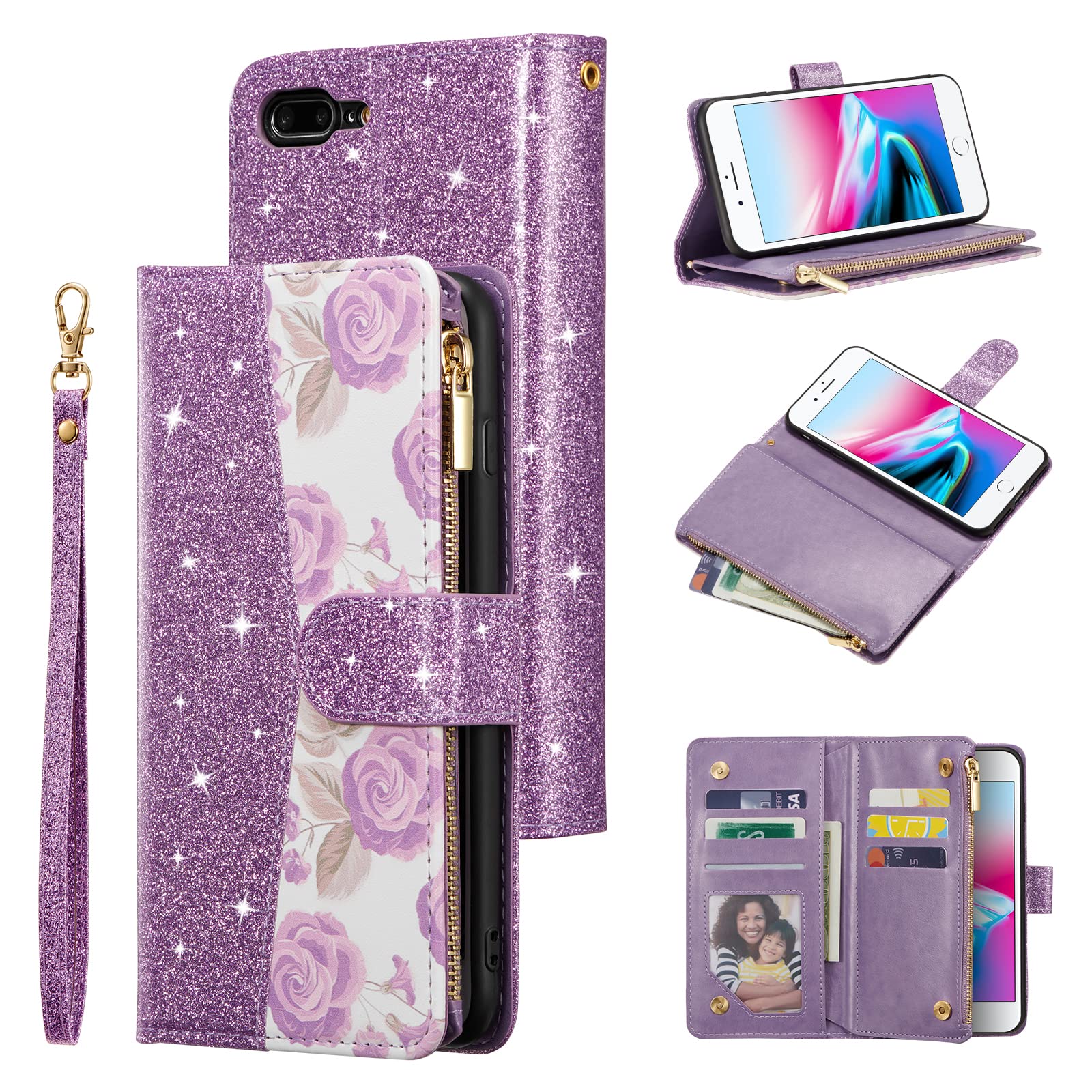 Photo 1 of UEEBAI Wallet Case for iPhone SE 2022 5G/iPhone 7/iPhone 8/iPhone SE 2020, Glitter PU Leather Magnetic Zipper Case Kickstand Card Slots Wrist Strap TPU Folio Flip Cover for iPhone SE3/SE2 - Purple#1