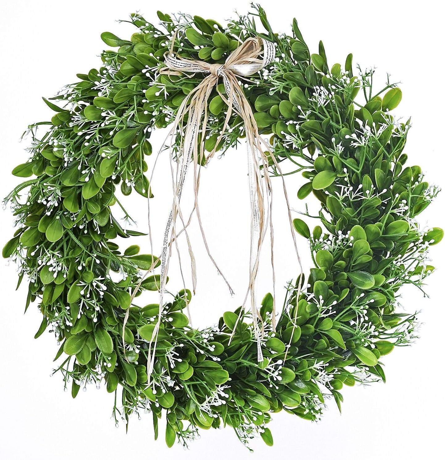 GUFIKY 16 inch Artificial Green Leaf Wreath with Bow Spring Front Door Wreath Greenery Garland Home Office Wall Wedding Decor