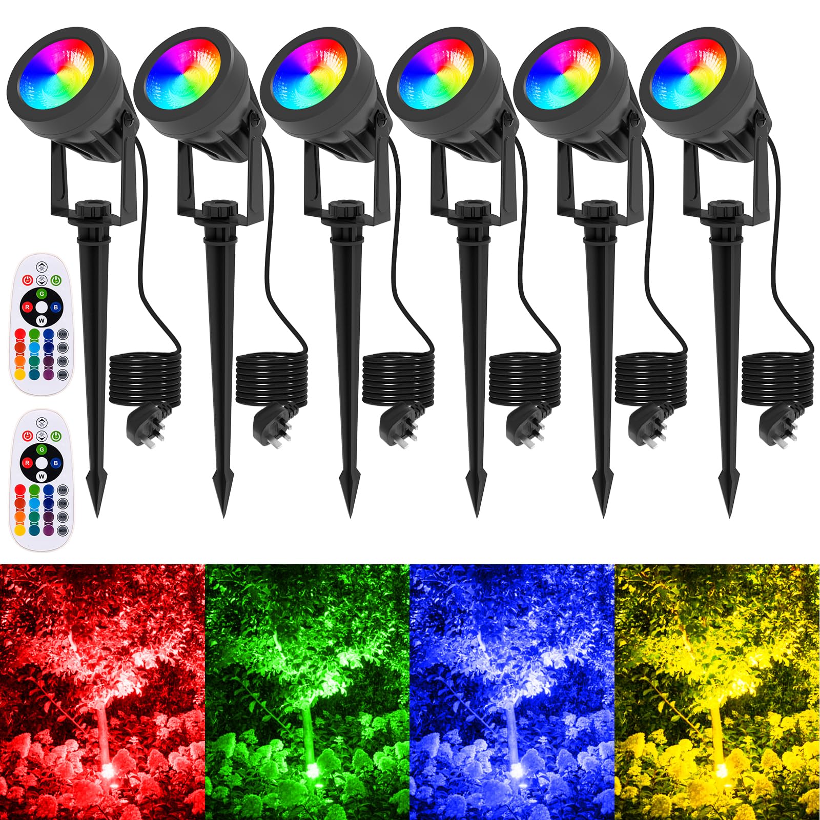 T-SUNUS RGB Garden Spotlights Mains Powered, Christmas Lights RGB Colors 4 Lighting Modes Landscape Lights Garden Light with Ground Spike IP65 Waterproof Outdoor Pathway Lighting Yard Lawn(6 Pack)