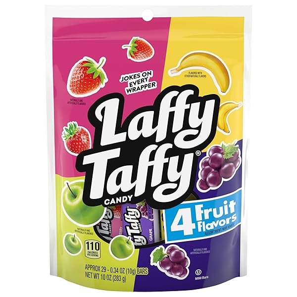 LAFFY TAFFY ASSORTED, MINI BARS, STAND UP BAG, CHEWY CANDY IN A VARIETY OF FRUITY FLAVORS, 10 OZ