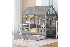 BELLEMAVE Full House Beds with Trundle and Rails Wooden Kids Montessori Bed with Wall and Windows Wood Playhouse Tent Bed Frame for Girls Boys, Full Size, Gray
