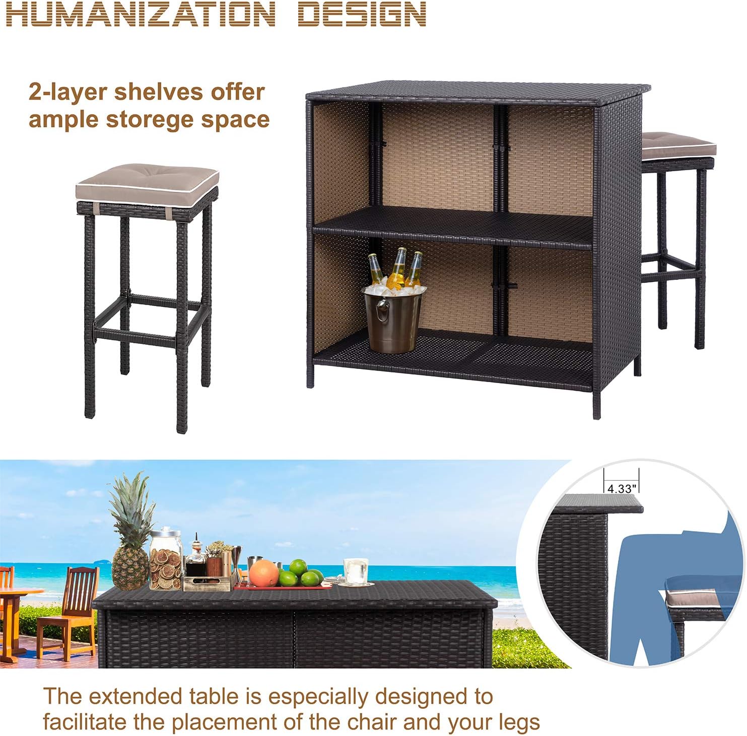 Pool Shintenchi 3 Pieces Outdoor Patio Bar Set Portable Rattan Wicker Bar Stools Table For Lawn Backyard And Garden With Storage Shelves Bar Furniture With Comfortable Cushions Patio Lawn Garden Patio