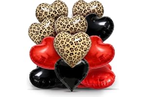 15 Pcs Red Black Leopard Foil Balloons 18 Inch Heart Balloons for Valentine's Day Wedding Bridal Shower Anniversary Engagemen