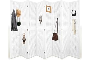 HIGREENA Room Divider, 5.6FT Folding Room Divider Panel, 8 Panel Pegboard Display Wood Partition Wall Divider for Room Separation& Craft Shows, White
