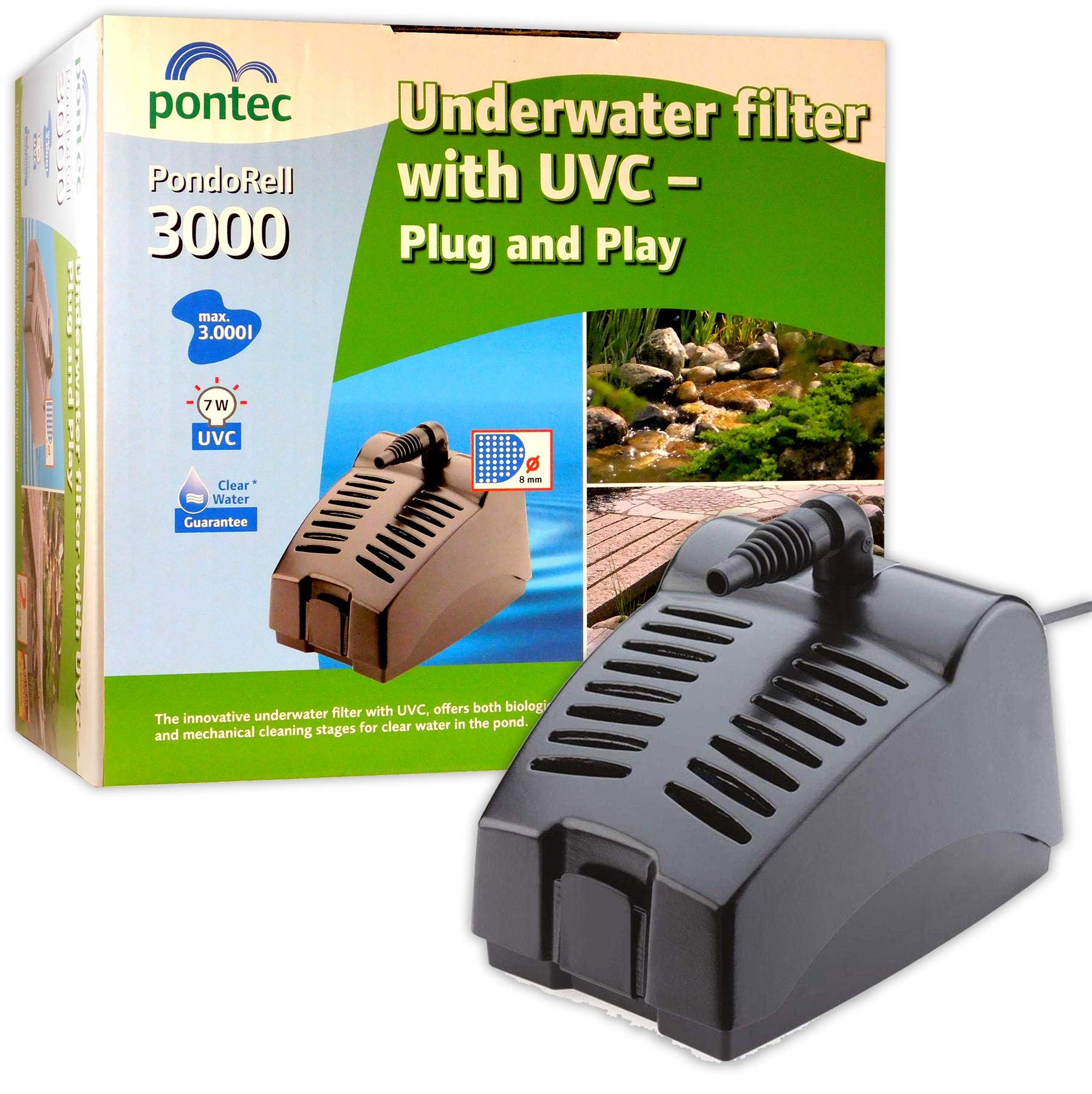 Pontect PondoRell 3000 - Compact and Efficient Underwater Pond Filter With UV Light and Integrated Water Feature Pump - 1,000 Litres Per Hour - Suitable for Ponds Up to 3,000 Litres without fish