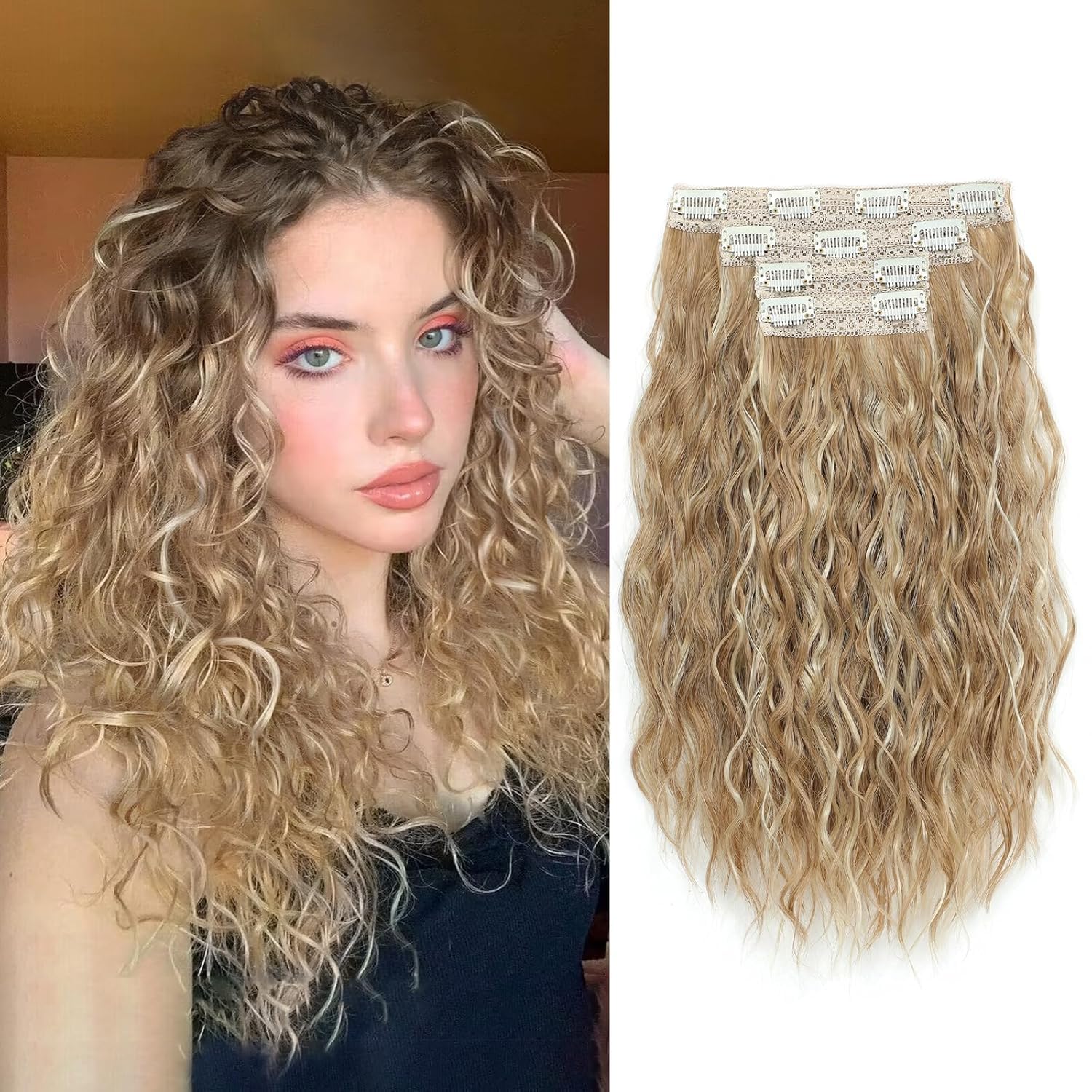 Flyroseing Hair Extensions,4PCS Clip in Hair Extension 16" Blonde Highlights Short Curly Hair Extensions Seamless Lace Weft Natural Soft Mermaid Waves Hairpieces for Women