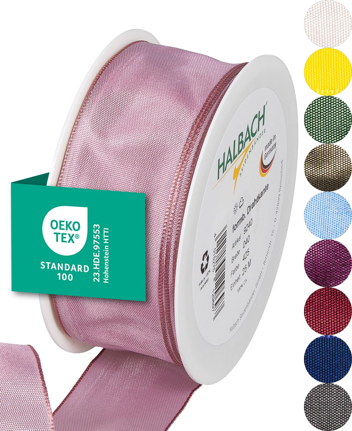 Halbach Seidenbänder Premium Gift Ribbon with Wired Edge, Width 40 mm, Length 25 m, Oeko-Tex 100 Certified Ribbon, Taffeta Ribbon, Made in Germany, Colour: Dark Pink — image 1
