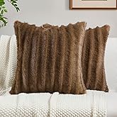 FUTEI Brown Decorative Throw Pillow Covers 18x18 Inch Set of 2,Soft Fluffy Faux Mink Fur Dyeing Striped Textured Cushion Case,Modern Home Decor for Couch Bed Living Room