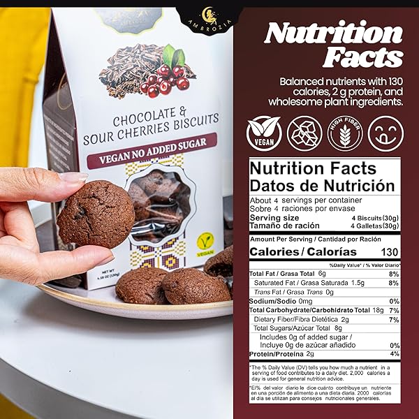 AMBROZIA VEGAN SNACK BISCUITS – CHOCOLATE & SOUR CHERRY – SOFT BAKED, NO ADDED SUGAR, CLEAN LABEL, HIGH FIBER & WHOLESOME INGREDIENTS, KID-FRIENDLY, HEALTHY SNACKS FOR ACTIVE LIFESTYLES, 4 X 4.58 OZ