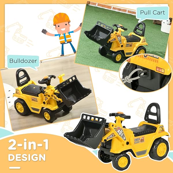 HOMCOM RIDE ON EXCAVATOR, KIDS BULLDOZER PULL CART WITH HORN, UNDER SEAT STORAGE, SIT AND SCOOT PRETEND PLAY TOY CONSTRUCTION CAR FOR AGES 18-48 MONTHS