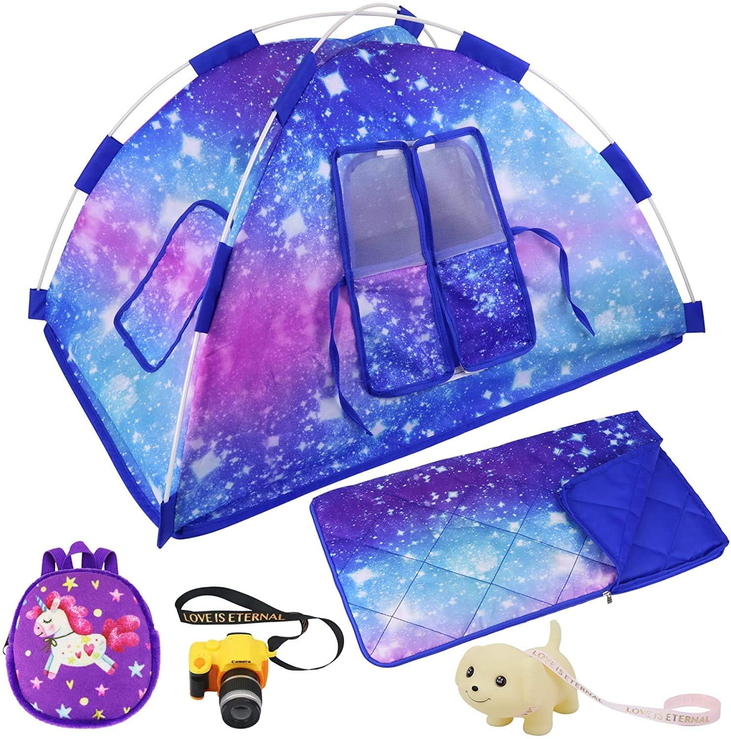 ZITA ELEMENT 18 Inch Doll Tent Set - Camping Tent, Sleeping Bag, Backpack, Toy Camera, Dog & Travel Accessories