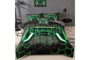 BDUCOK 6 Piece Gamer Comforter Sets Bed in A Bag for Boys Teen Kids,Honeycomb Gaming Bedding Sets Gamepad Comforter Microfiber Bed Set for All Season Gamer Home Decor(Green, 6 Piece Sets30021-Queen)