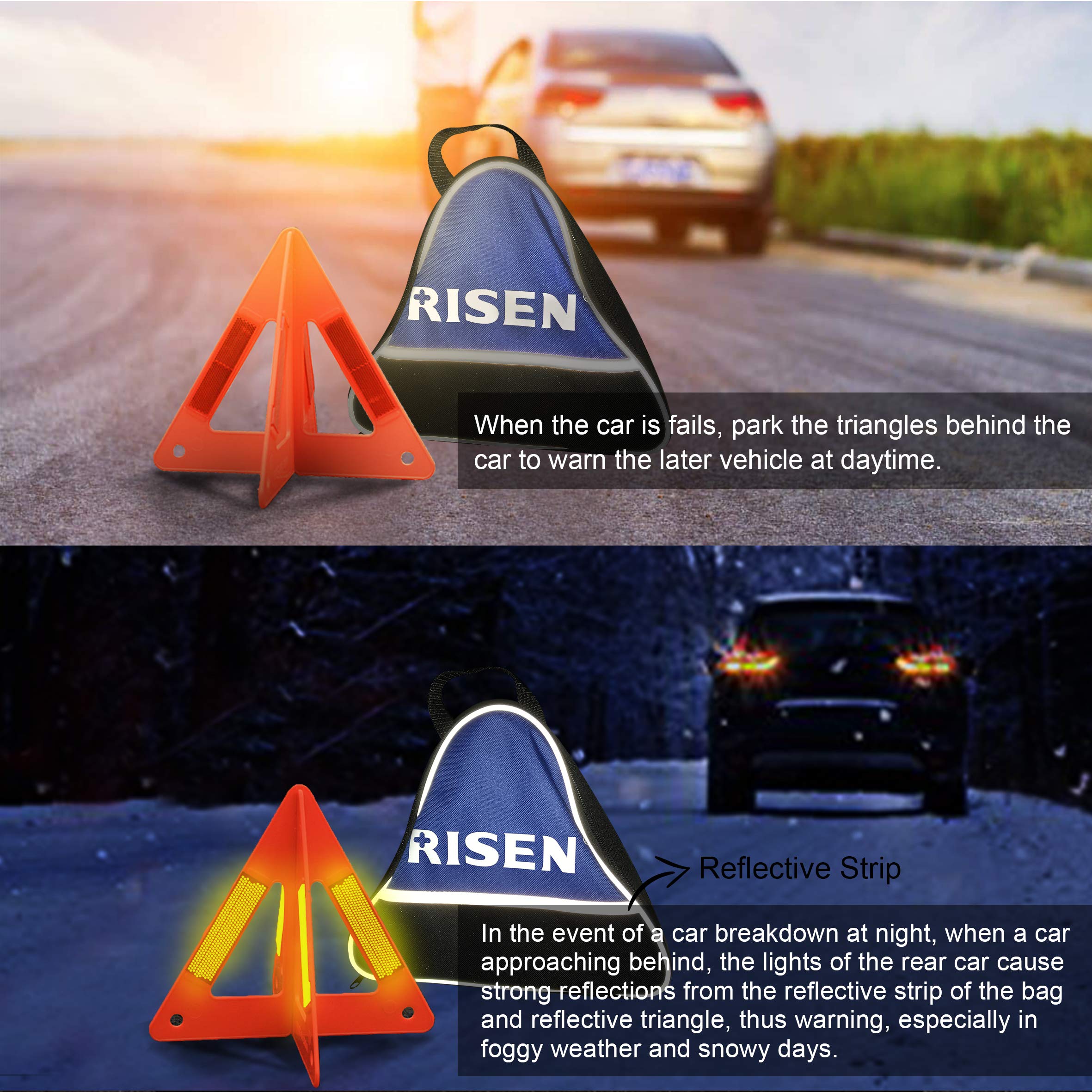 RISEN Roadside Car Emergency Kit/Auto Assistance Kit/Road Travel First Aid Kit with Jumper Cables,Reflective Warning Triangle,Tire Gauge,Emergency Hammer and more for Car or Truck