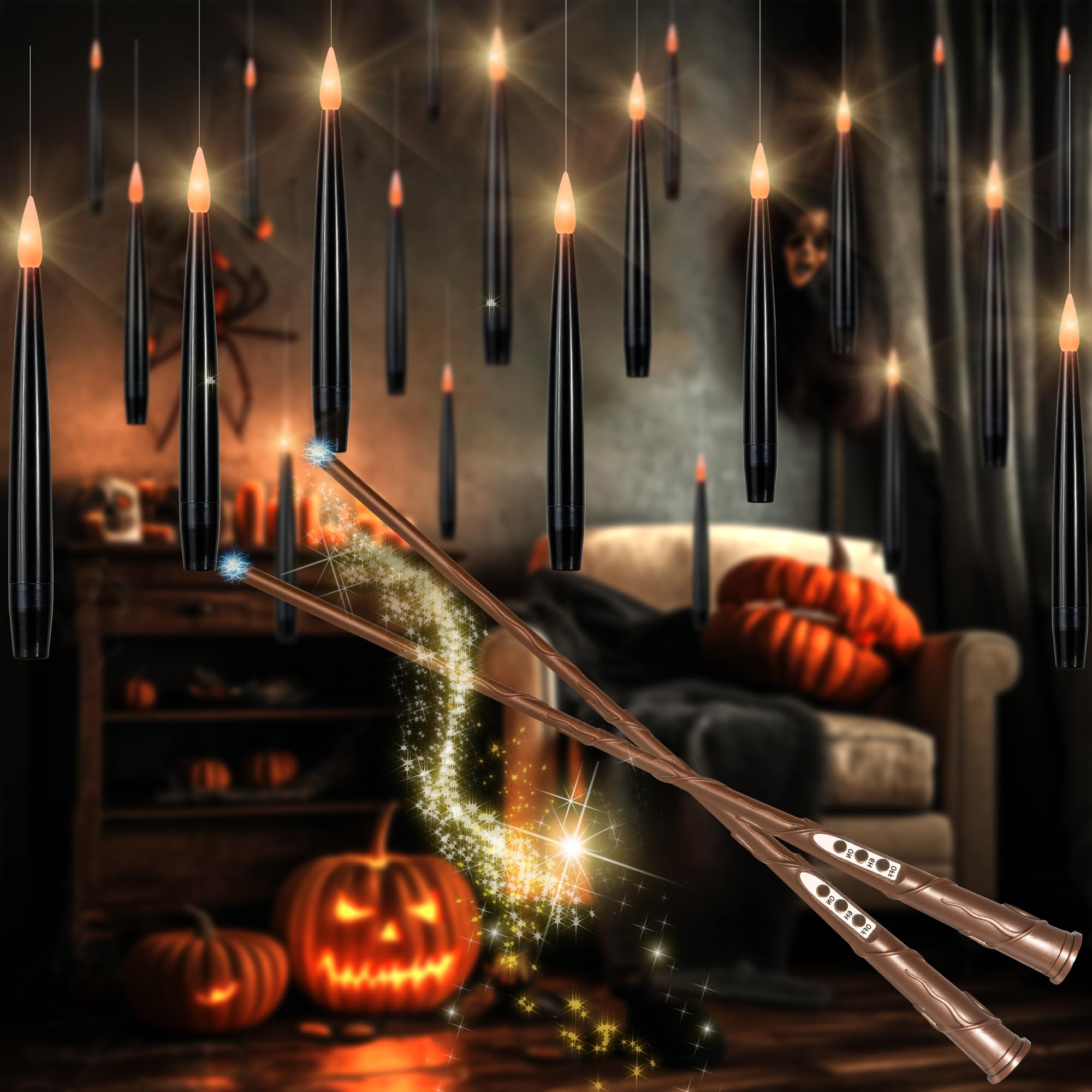 Photo 1 of LUSHARBOR Floating Candles with Wand, Magic Halloween Decorations 20pcs Black Flameless Candles with Remote LED Battery Operated Candle for Halloween Decor Gift 6.1in