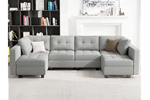 Belffin Modular U Shaped Sectional Sofa Couch with Reversible Chaises 6-seat Sectional Couch with Storage Seat Modular Sectional Set with Ottomans Light Grey