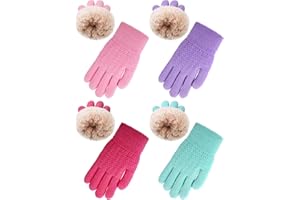 Chuarry 4 Pairs Kids Fleece Lined Gloves Winter Warm Knit Gloves for Girls Boys Cold Weather Supplies, 6-10 Years