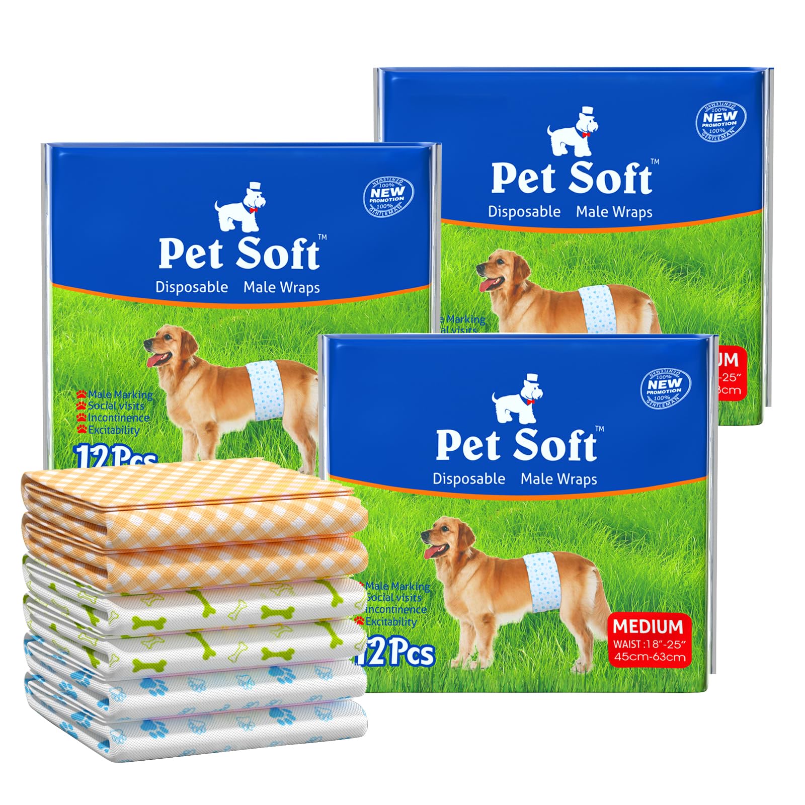 Pet Soft Male Dog Nappies - Disposable Pet Diapers Male Dog Wraps, Super Absorbent Doggy Puppy Nappies for Dogs & Cats Urinary incontinence Medium 36count (M 12count (18'-25'))