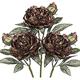Briful 3PCS Artificial Christmas Peony Flower Stems, 15in Silk Peonies with Bud Fake Peony Floral Arrangement for Xmas Home Vase Party Wedding Bouquet Decor, Coffee Brown