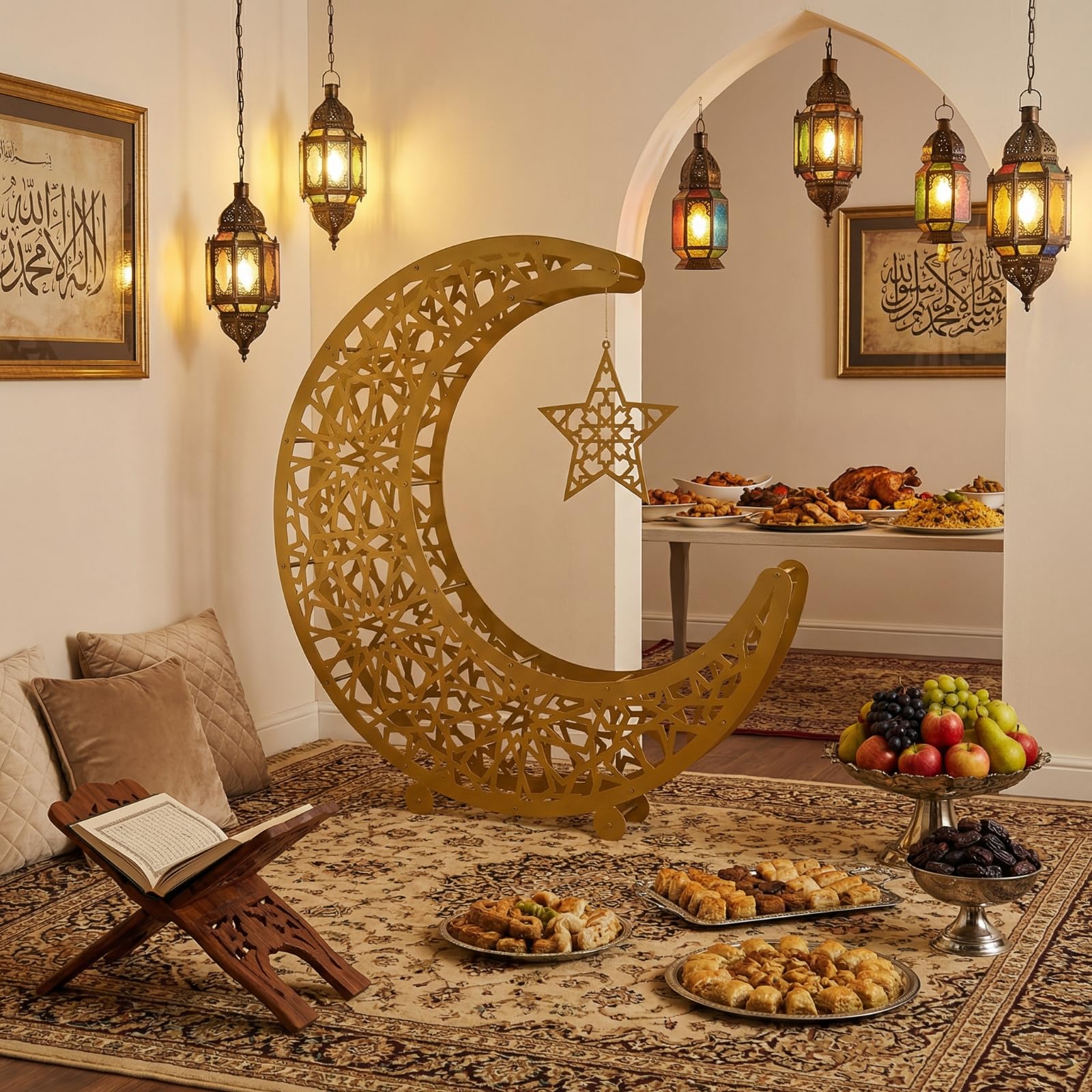 Photo 1 of Glooglitter 5 ft Large Metal Ramadan Moon and Star Decorations 3D Double Layer Large Ramadan Star Crescent Mubarak Indoor Decor Eid Crafts Eid Mubarak Decor Ornament Muslims Gift for Holiday Party