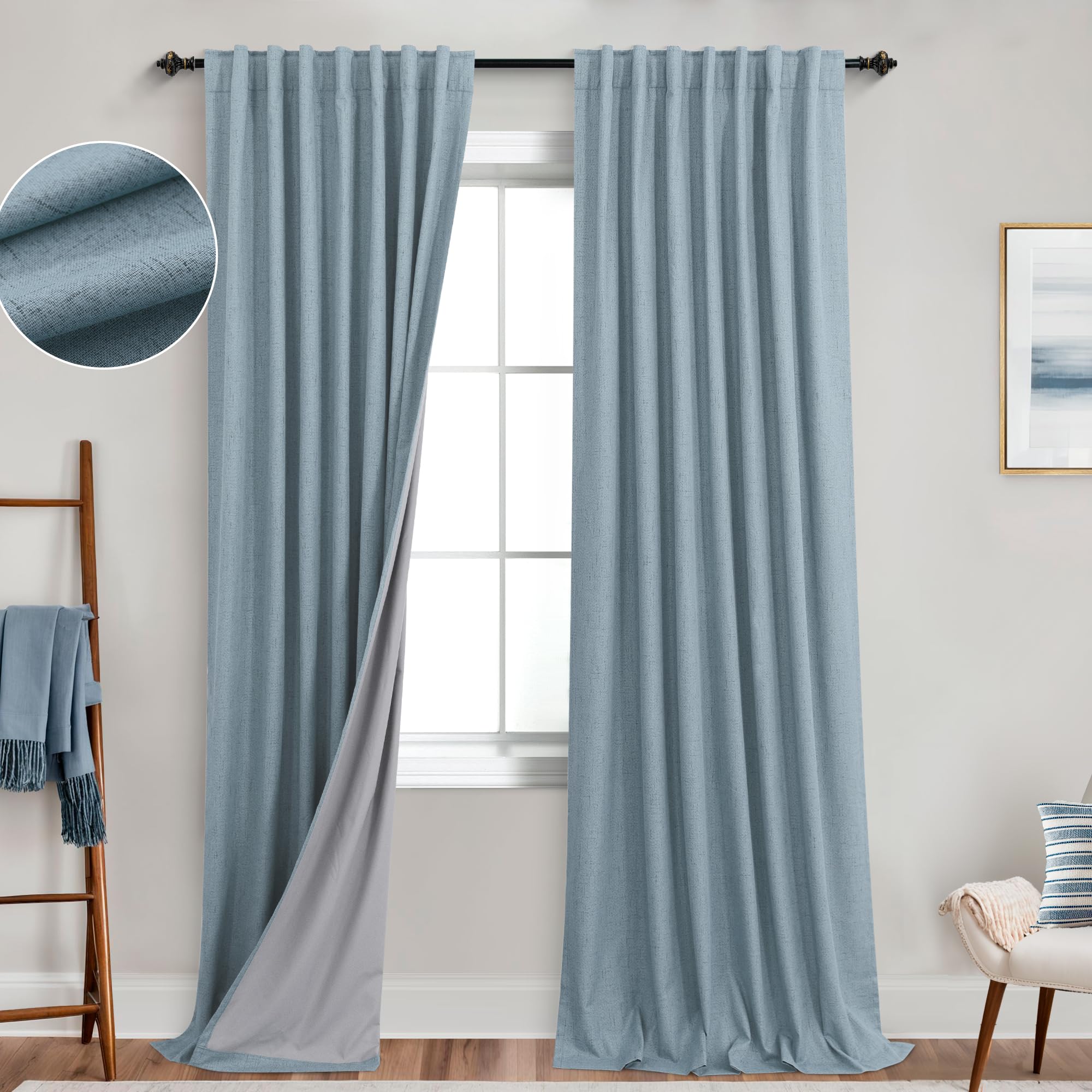 Photo 1 of KOUFALL Stone Blue Linen Blackout Curtains 92 Inches Long for Bedroom Living Room