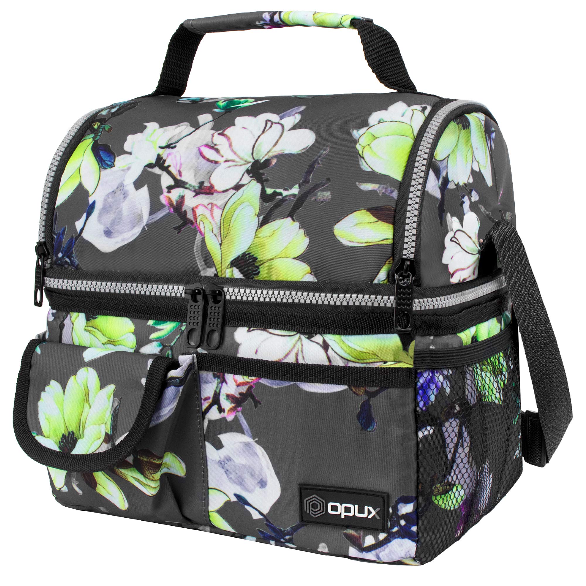 OPUX Insulated Dual Compartment Lunch Bag for Men, Women | Double Deck Reusable Lunch Pail Cooler Bag with Shoulder Strap, Soft Leakproof Liner | Large Lunch Box Tote for Work, School (Floral Grey)