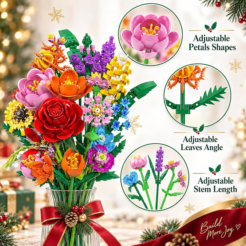 Calendrier de l'Avent 2026 avec bouquet de fleurs, compte à rebours de Noël de 24 jours, 24 boîtes de 1 500 pièces + blocs de construction, roses et tulipes colorées, décoration d'intérieur, cadeaux