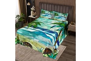 Summer Beach Kids Bedspread Twin Size,Abstract Ocean Waves Sea Turtle Marine Coverlet Set,Girls Boys Room Decor,Coconut Tree 