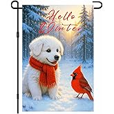 IVN Winter Garden Flag 12x18 Inch Double Sided Bichon Frise Dog in Red Scarf with Red Bird and Hello Winter Text Outdoor Yard Flag for Outside Home Front Door Lawn Porch Patio Welcome Decor