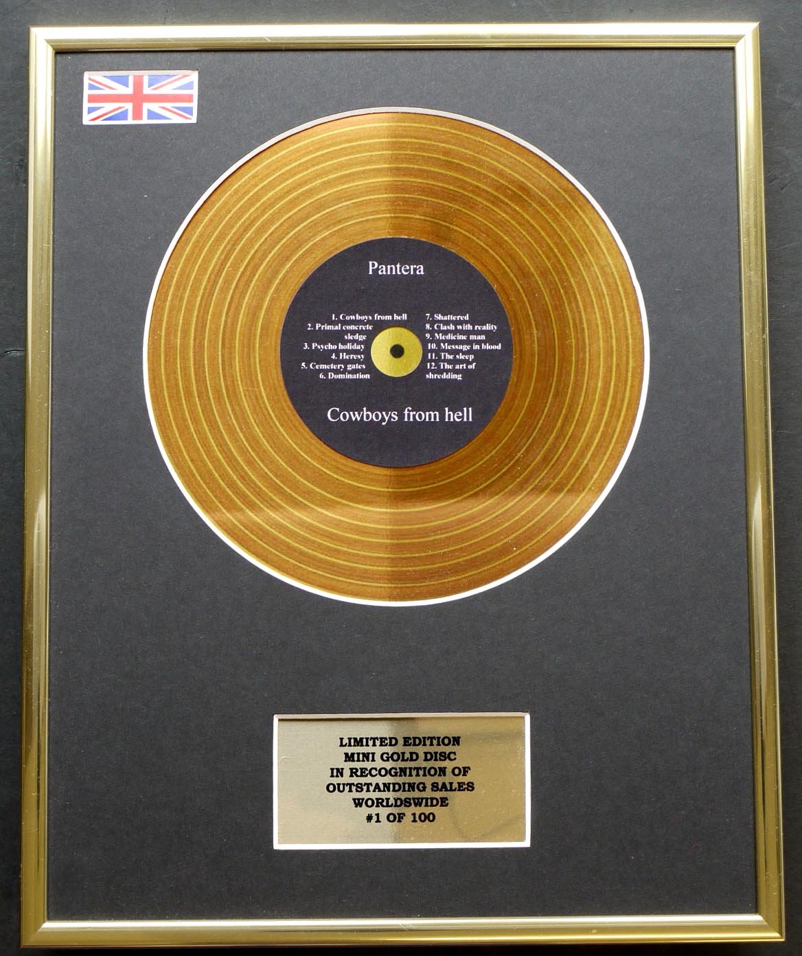 Limited Edition mini gold disc Display PANTERA/MINI GOLD DISC DISPLAY/LIMITED EDITION/COA/COWBOYS FROM HELL