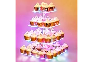 Cupcake Stand, 4 Tier Cupcake Tower Holder with Colorful Light, Squre Pastry Display Stand ,Clear Acrylic Cake Dessert Stand,