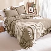 QSH Ruffled Comforter Set King Size,3PCs Light Taupe Shabby Boho Chic Bedding Comforter Sets King, Ultra Soft Farmhouse Lightweight Microfiber Inner Fill Bed Comforter Set