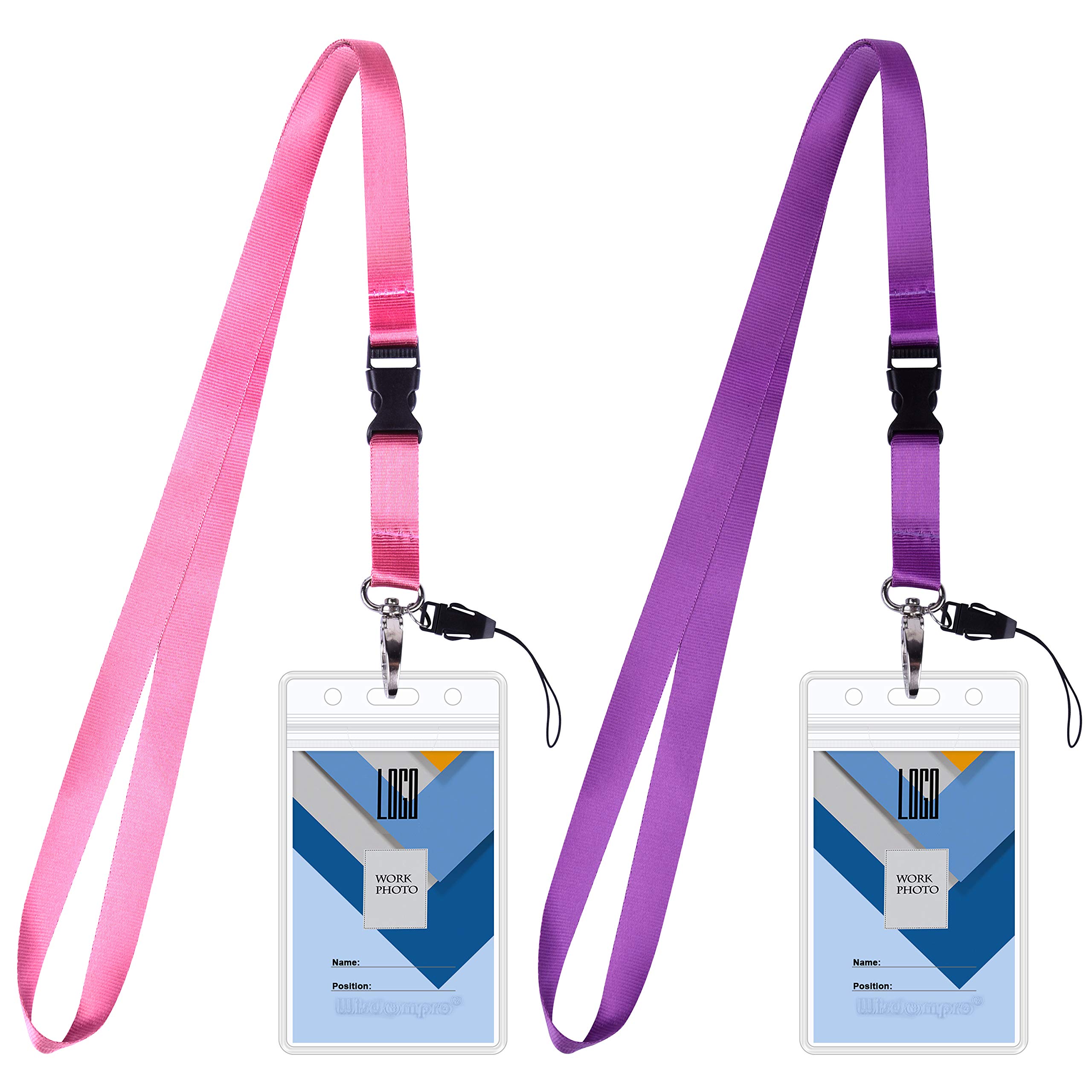 Wisdompro 2 Sets Cruise Lanyard with Card Holder, Detachable Neck Strap with Vertical 2-Sided Waterproof Clear PVC ID Badge Holder Office School for Cruise Ships Cards Keychain Keys, Pink/Purple