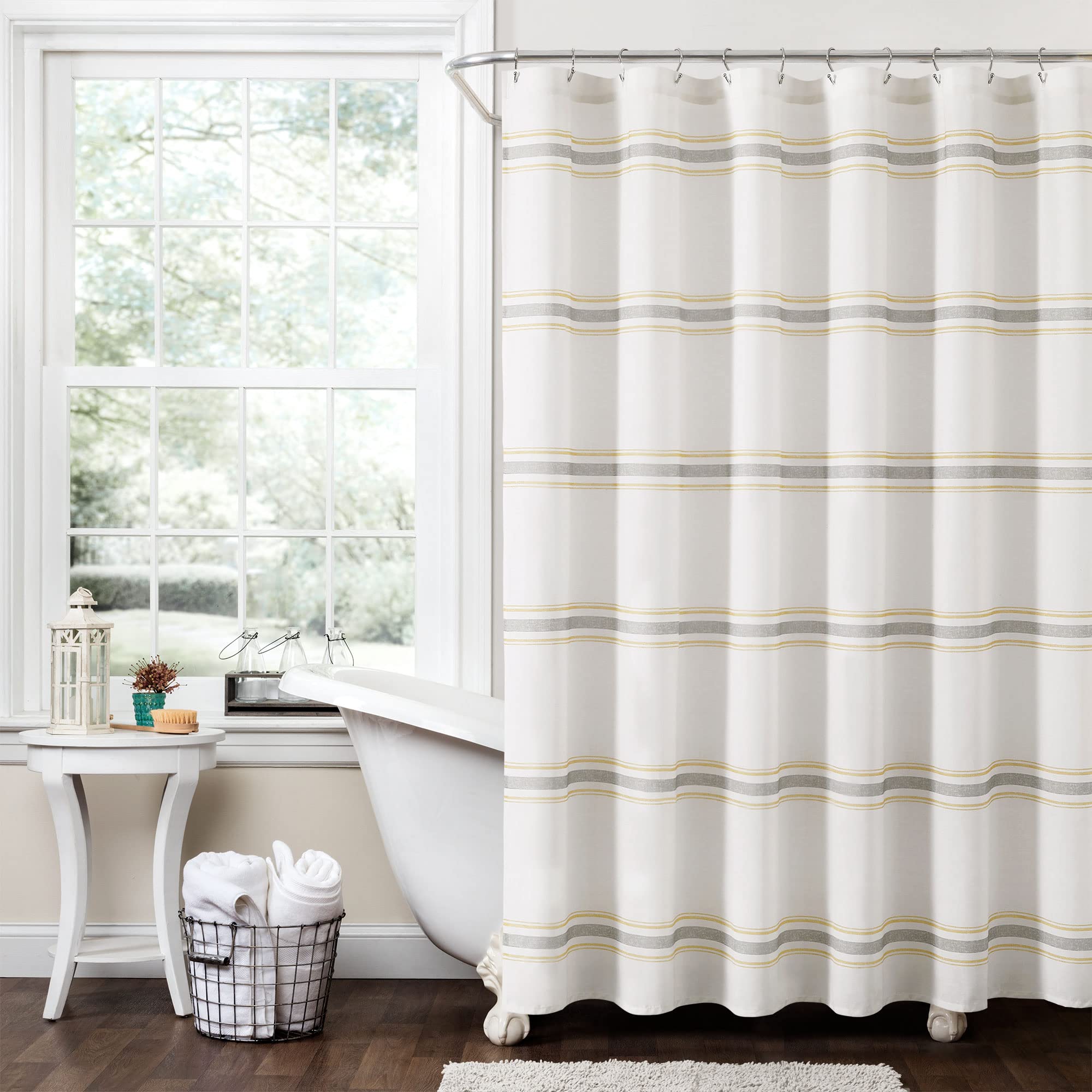 Lush Decor Farmhouse Stripe Cotton Shower Curtain, 72" W x 72" L, Yellow & Gray - Classic Modern Rustic Charm Bathroom Decor