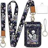 Goth Skeleton Book Lanyard Wallet with ID Badge Holder, Flowers Moon Star Small RFID Wallet Women Keychain Wristlet, Slim Credit Card Holder with Zipper Pocket Phone Lanyard Wrist Strap Office Teacher