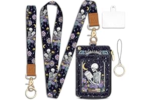 PIEFLY Goth Skeleton Book Lanyard Wallet with ID Badge Holder, Flowers Moon Star Small RFID Wallet Women Keychain Wristlet, Slim Credit Card Holder with Zipper Pocket Phone Lanyard Wrist Strap Office Teacher