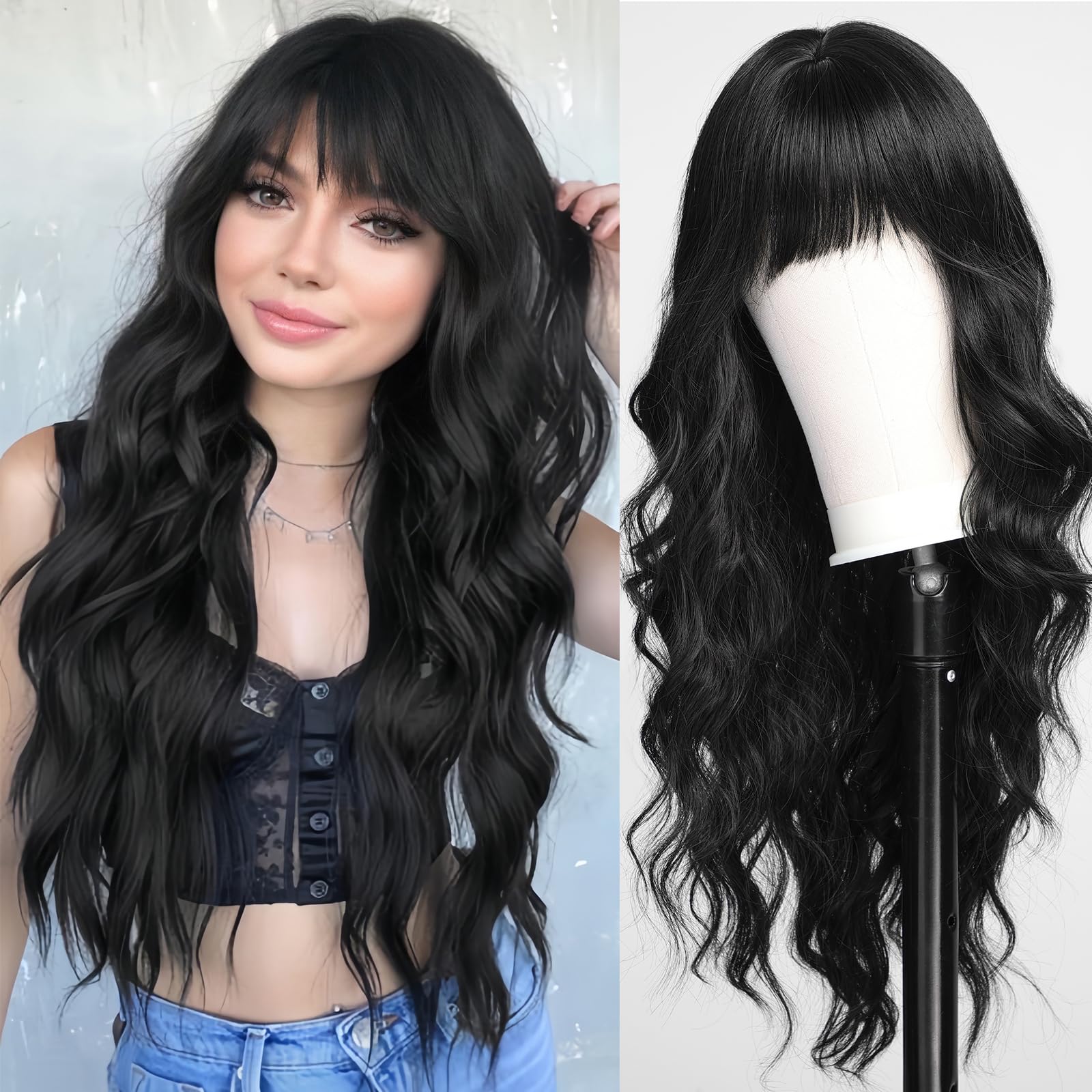 HARICUBE Wigs for Women - Long Curly/Wave with Bangs - Natural Synthetic Heat Resistant Wigs (Black, 21-23 inches)