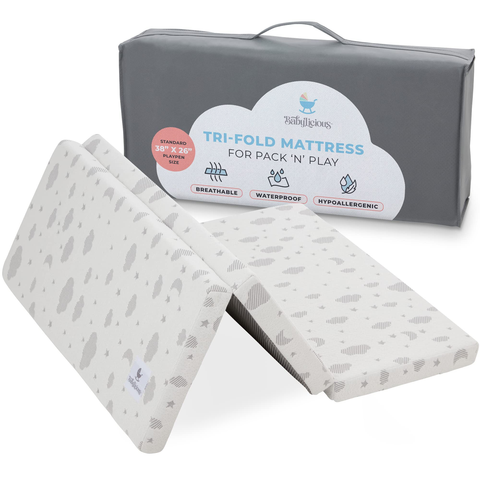 Photo 1 of Babylicious Waterproof Pack and Play Mattress Topper | 38" x 26" x 1.5" | Trifold Style - Breathable Soft Plush Foam - Portable Mattress Topper- Baby Foam Mattresses for Babies
