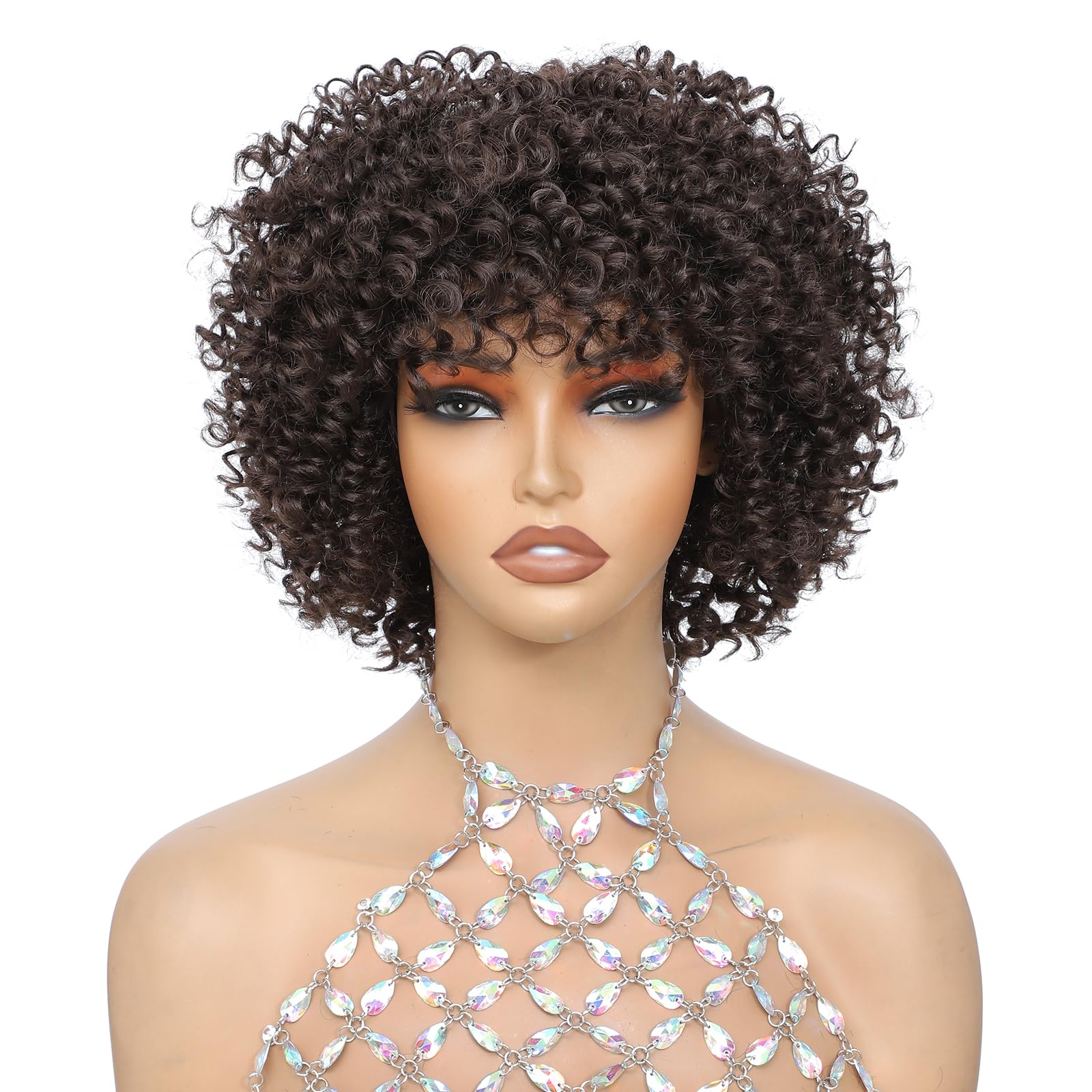 Photo 1 of YOKABOOM Short Curly Wig, Brown 4#, 3C curls, Wig with Bangs Beginner Friendly Glueless Synthetic Afro Wigs for Women Ready to Wear Bouncy and Chic