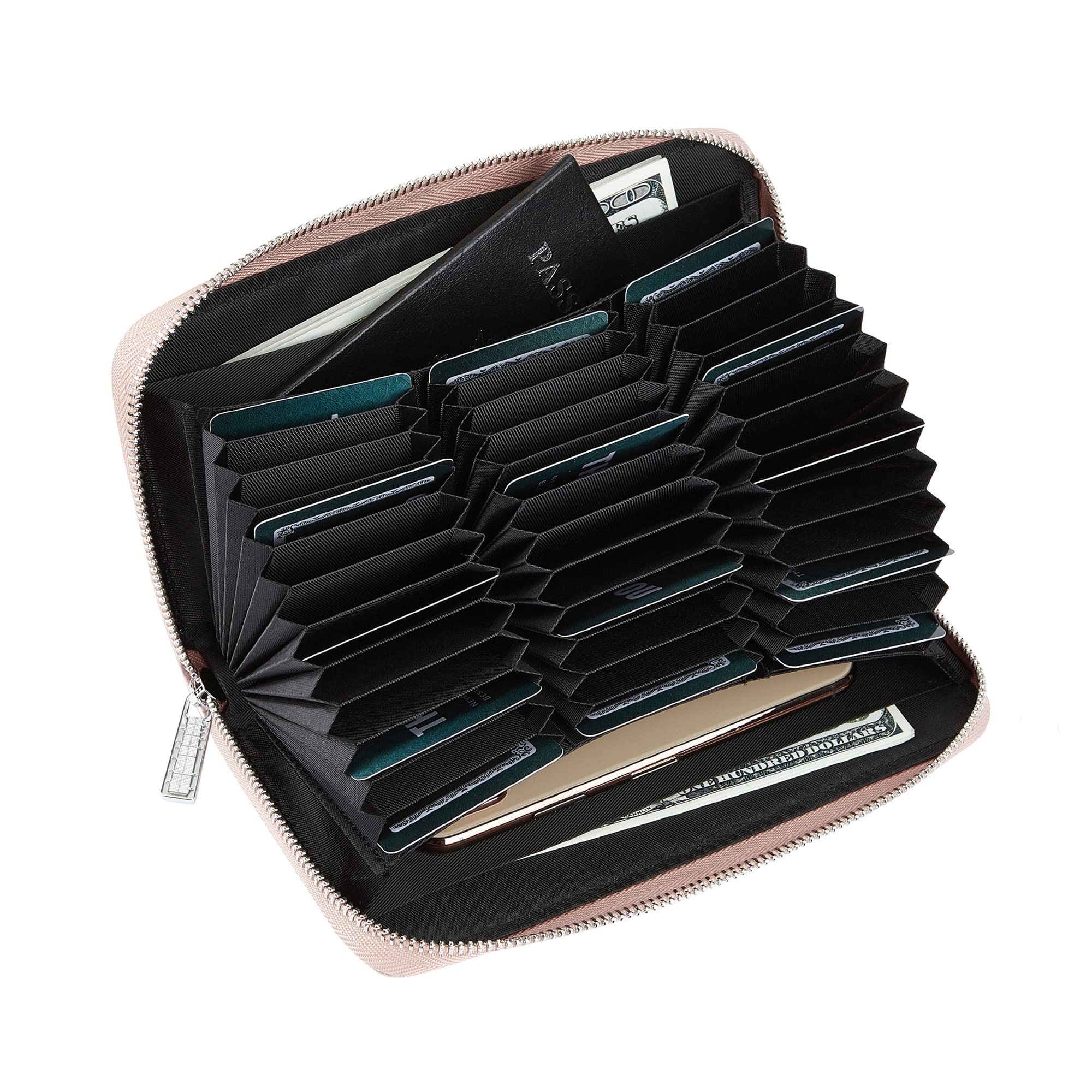 Cynure Women 36 Slots RFID Blocking Card Holder Large Long Leather Zipper Checkbook Accordion Wallet,Rose Gold