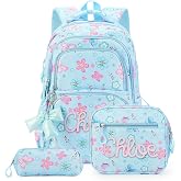 MT WORLD 16&rdquo; H Backpack with Lunch Pack Pencil Case 3pcs - Personalized Flower Butterfly Printed Backpack Set with Name - Custom Embroidered Name Blue Backpacks with Lunch Bag for Travel Camping