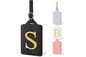 IQIMOTT Personalized Initial Luggage Tags for Suitcases, Cute PU Leather Embroidered Letter Travel Luggage Tags, Suitcase Identifier Name Baggage Tag, Bag Tags for Men Women Kids Luggage Handbags(Black S)