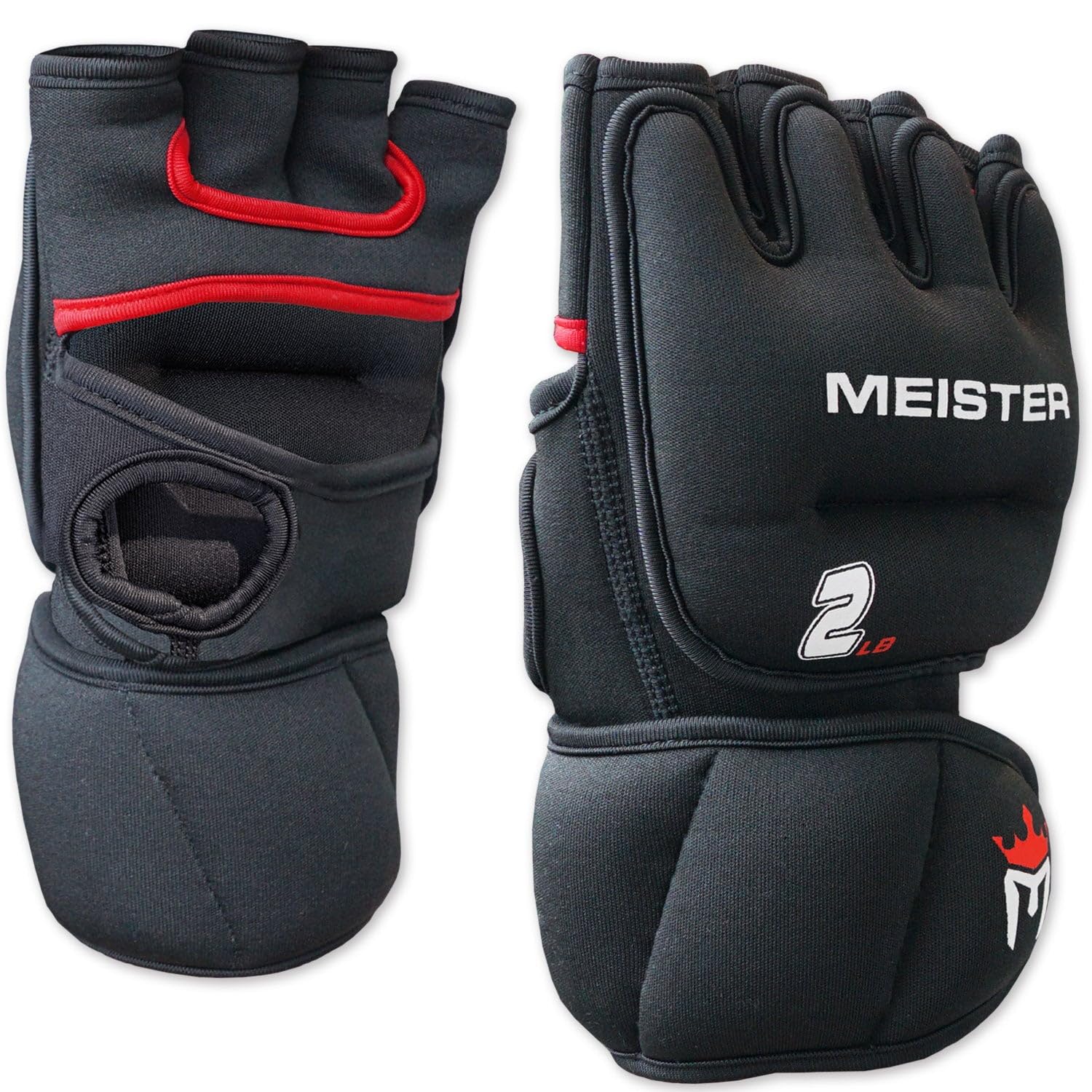 Meister 2lb Neoprene Weighted Gloves for Cardio & Heavy Hands (Pair) - 2lb x 2 - Black/Red