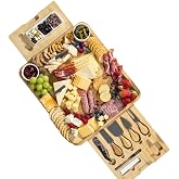 Large Bamboo Charcuterie Board Set, Cheese Board with Drawer, Ceramic Bowls &amp; Cheese Knives, Housewarming Wedding